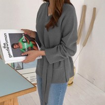 브이넥 벨트 여성 니트 긴팔 스웨터 루즈핏