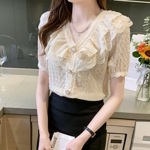 세련된 프릴 블라우스 화이트 쉬폰 블라우스 달콤한 v 넥 프랑스 빈 지 궁전 스타일