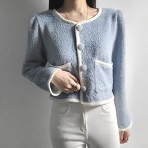 나인포시즌 소이 여성 가을 겨울 11월 12월 결혼식 어깨 퍼프 셔링 배색 하객룩 크롭 페이크퍼 소라색 가디건 자켓 밍크퍼자켓 밍크가디건