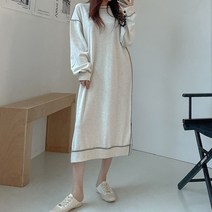 스티치 무지 오버핏 맨투맨 옆트임 긴팔 롱 원피스 캐주얼
