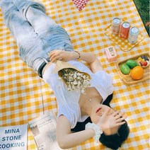 (1+1)감성 체크 휴대용 방수 접이식 돗자리 캠핑 피크닉 한강 150*200, 레드체크1+옐로우체크1