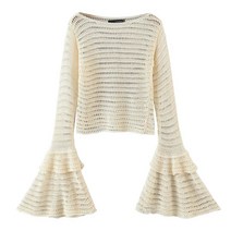 부드러운 펀칭 오버핏 나팔소매 니트 가을 일자넥 쇼트 얇은 스웨터 여자스웨터