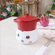JINGHENG 도자기그릇 세라믹 홈파티 집들이 캠핑음식 치즈 중탕기 초콜릿 요리, 받침+빨간색 사발 덮개 2포크2 왁스 증정