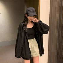 여성 후드 집업 얇은 여름 가디건 비치웨어 루즈핏, 블랙