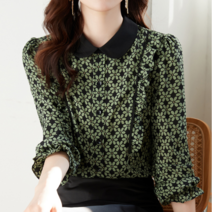 퀸이즈 퀸이즈 펀 라운드 카라 플라워 배색 블라우스