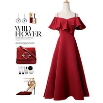 루즈핏 하객룩 봄가을 빅사이즈 정장원피스 플러스 사이즈 드레스 여성 패션 여름 스파게티 스트랩 슬래시 넥 슬림 민소매 미드 카프 엠파이어 프릴 a 라인 중간 길이