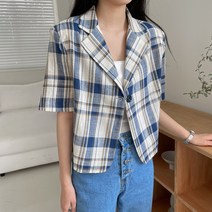 [블루레몬] 린넨 체크 크롭 자켓 여성크롭자켓 반팔 여름 숏자켓