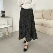 쓰리타임 / 도트 플리츠 주름 밴딩 롱 스커트