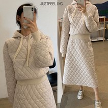 JUSTFEELING 여성 상하세트 패딩 스커트 누빔 퀼팅 경량패딩 후드티 + 롱스커트 투피스
