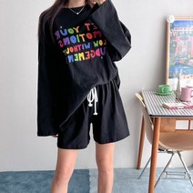 레인보우 컬러 레터링 박스티 반바지 set