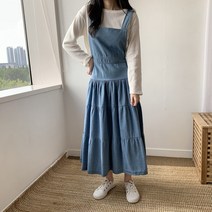 퍼니걸스 5384 데일리 데님 청 멜빵 롱 원피스 여성의류