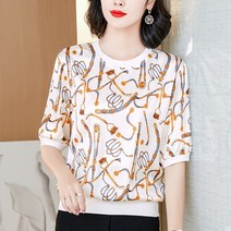 따봉오빠 중년 여성 엔틱 패턴 시보리 반팔티 화이트(DB309)