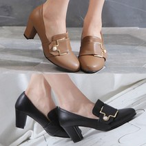 올팜 여성 골드 버클 진주 둥근코 통굽 미들힐 로퍼 펌프스 6.5cm 2컬러