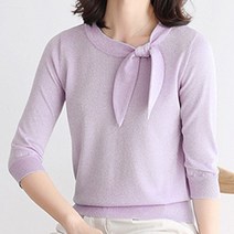 데일로엔 여성용 비스코스 넥 리본 포인트 여성 5부 니트
