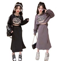 여아 긴 소매 라운드넥 레터링 캐주얼 루즈핏 밴딩 스커트 세트복