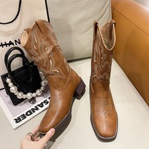 Fan Ling He Sui 같은 거친 서부 카우보이 부츠 V-입 자수 나이트 부츠 레트로 미들 튜브 스퀘어 헤드 마틴 부츠 여성