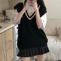 작은아씨들김고은조끼 프레피 스타일 니트 풀오버 스웨터 여성 조끼 캐주얼 베이직 v-넥, 검은색, xxl