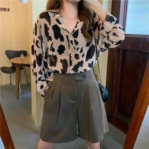 퐁순싸롱 레오파드 호피 배색 패턴 쉬폰 블라우스 SY