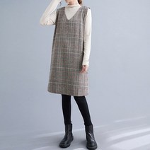 넷투넷코리아 여성 V넥 뷔스티에 H라인 모직 미디 원피스 체크패턴