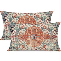 Gujiahone 야외 방수 베개 커버 30.5 x 50.8cm(12 20인치) 보헤미안 빈티지 카펫 패턴 2개 세트 오렌지 블루 에스닉 디자인 장식 농가 소파 정원 발코니용 44