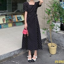 잇츠스타일 [L-4XL] 퍼프 스퀘어넥 복고풍 땡땡이 블랙 도트 반팔 여름 원피스