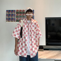 여름 새로운 바둑판 셔츠 반팔 티셔츠 남성 인 트렌드 느슨한 조커 캐주얼 체크 무늬 셔츠 커플 복장