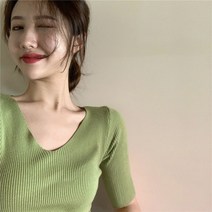 브이넥니트 가을 v칼라슬림한스타일 이너 니트 상의 연두 5부소매 슬림핏 타이트 스웨터