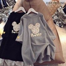 JUST FEEL!NG 1+1 여름 반팔티 오버 빅사이즈 여성 의류 캐릭터 캐주얼 라운드넥 이너티 반팔 롱 티셔츠