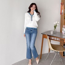 [아이맘스타일] 배색브이넥 단추 골지 니트티