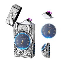 TIKIUKI 쿨 라이터 방풍 아크 전기 충전식 불꽃 없는 플라즈마 라이터 배터리 표시기 포함 남성용 (블루) 503002, Dolphins-silver