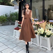 드레스 반 소매 Preppy 패치 워크 영 여름 Ins 라인 심플 페이크 레이어드 Vestidos