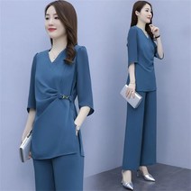 Daegu TZ040322 여성투피스 블라우스 + 여성바지 블라우스 반팔티 여성티셔츠 여자바지 여성세트 빅사이즈