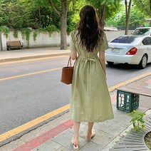 [바비수아] 올슨 여성 무지 린넨 반팔 리본 롱 원피스