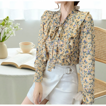 여성 잔꽃 패턴 블라우스 리본 타이 프릴 봄블라우스