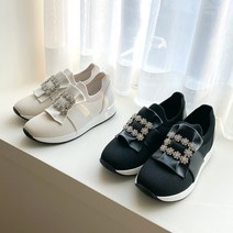 슈리오 여성 블링 보석 쫀쫀 니트 통굽 슬립온 5cm