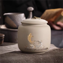 전통문양 금박 자사 보이차 보관통 차통 차항아리 차보관 밀폐용기 다도용품, 금박차통 C타입 -선학산수, 1개