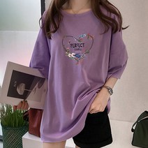 링크어패럴 하트 꽃무늬 프린팅 퍼펙트 러브 레터링 루즈한 티셔츠 오버핏 여성 반팔티