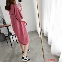 puildaug 편지 자수 슬림 배꼽 느슨한면 짧은 소매 긴 티셔츠 여성용 긴 드레스 여름