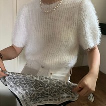 여성 라운드넥 가을 겨울 날개사 퍼 와플 반팔니트 브라운 그레이 4color
