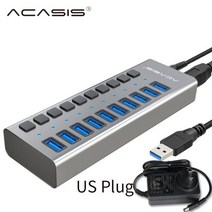 usb분배기 c타입 멀티포트 USB 3.0 허브 10 포트 12V 4A 전원 어댑터 USB 허브 3.0 충전기 스위치 멀티 USB, 02 US Aluminum Gray