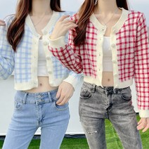 포마인 체크무늬 배색 크롭 니트 가디건