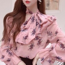 로즈드림 가을 쉬폰 레이스 꽃 나염 리본 타이 블라우스 A574138796543
