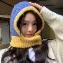 투톤 배색 니트 후드 넥워머 단추 바라클라바 모자