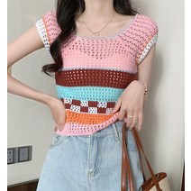 패션시그널 펀칭 믹스컬러 캡소매 니트 D83EFE