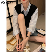 vsyoy 핑크 스트라이프 셔츠 여성 디자인 느낌 프랑스 달콤한 코트 봄 긴 소매 쉬폰 셔츠 3컬러