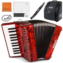 Hohner 피아노 아코디언 1303-RED 12 챔피언십 레벨 번들 호너 백 스트랩 미니 하모니카 줄리엣 음악 폴리쉬 천 및 키 스티커 포함