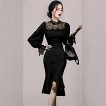 레이스 퍼프 조커 인어라인 세미 파티 모임룩 원피스 펀칭 벨벳