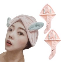 LANYI 1+1 극세사 토끼 헤어 드라이 타올, 2개, 핑크+핑크