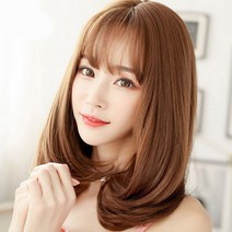 중단발 c컬 가발 여자 헤어스타일 자연스러운 보브 통가발 앞머리 사이드뱅 중간 여신 전체 가발, 라이트브라운