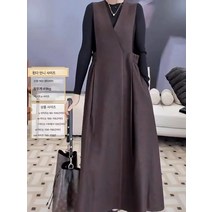 겨울 모직 나시 원피스 여 추동 도톰해 보이고 날씬해 보이는 레깅스 스커트 나시 브이넥 민소매 멜빵 치마 롱스커트